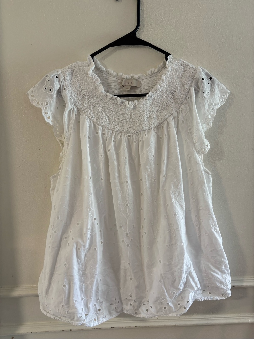 LOFT White Eyelet Smocked Neck Cap Sleeve Top